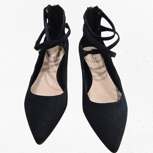 Aldo Black Suede Marieta Lace-Up Flats Gold Heel Zip Ballet Shoes Size 6.5 NWT - Picture 2 of 13